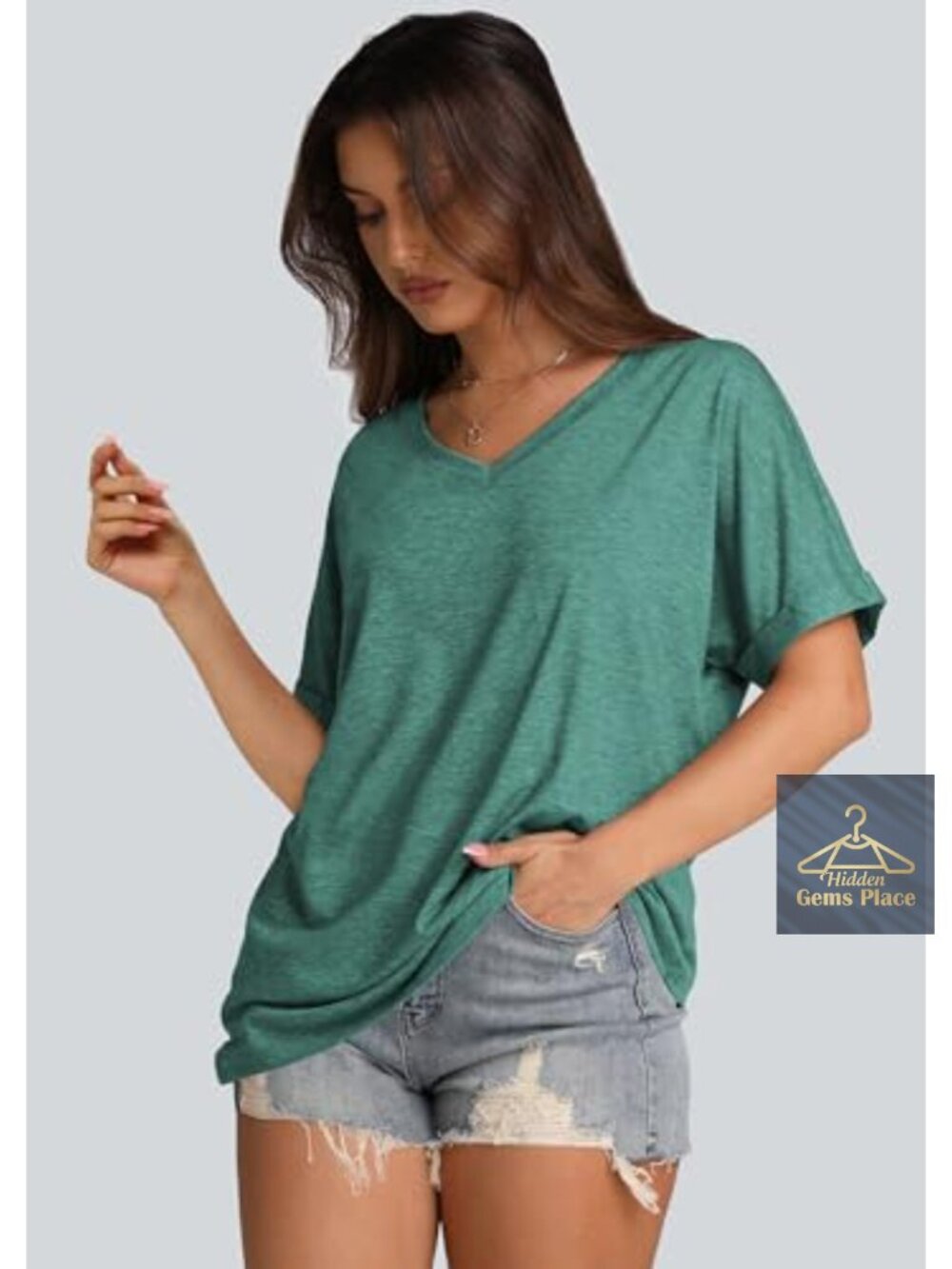 Oversized V-Neck Short Sleeve T-Shirt Soft Stretchy Summer Top - Picture 3 of 5